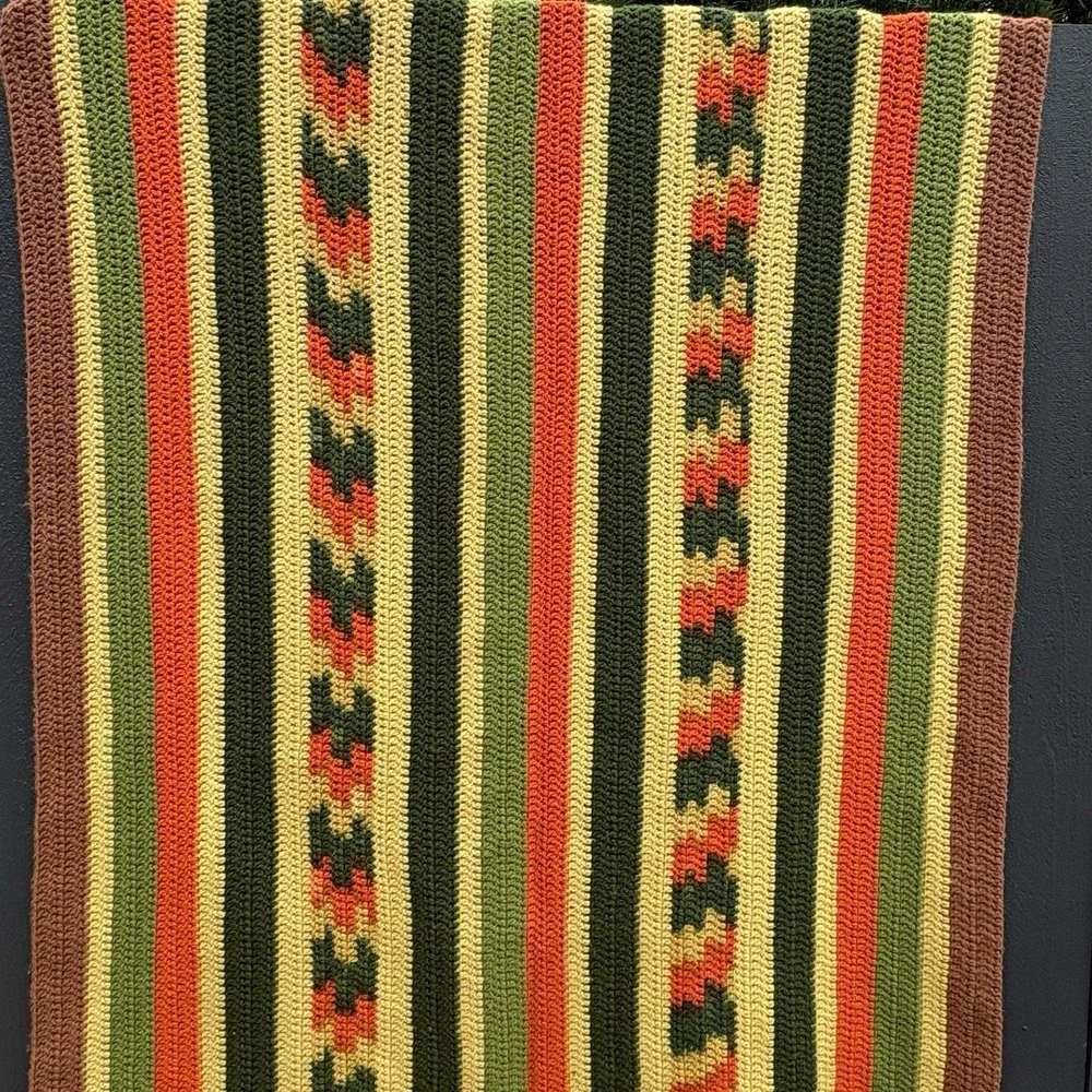 VTG Handmade Crochet Boho Southwestern Afghan Throw 66X88 Cottage Stripe 70s